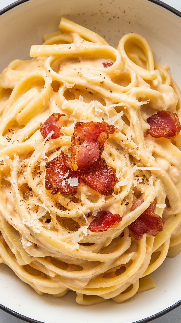 A bowl of creamy pasta carbonara topped with crispy bacon and grated cheese.