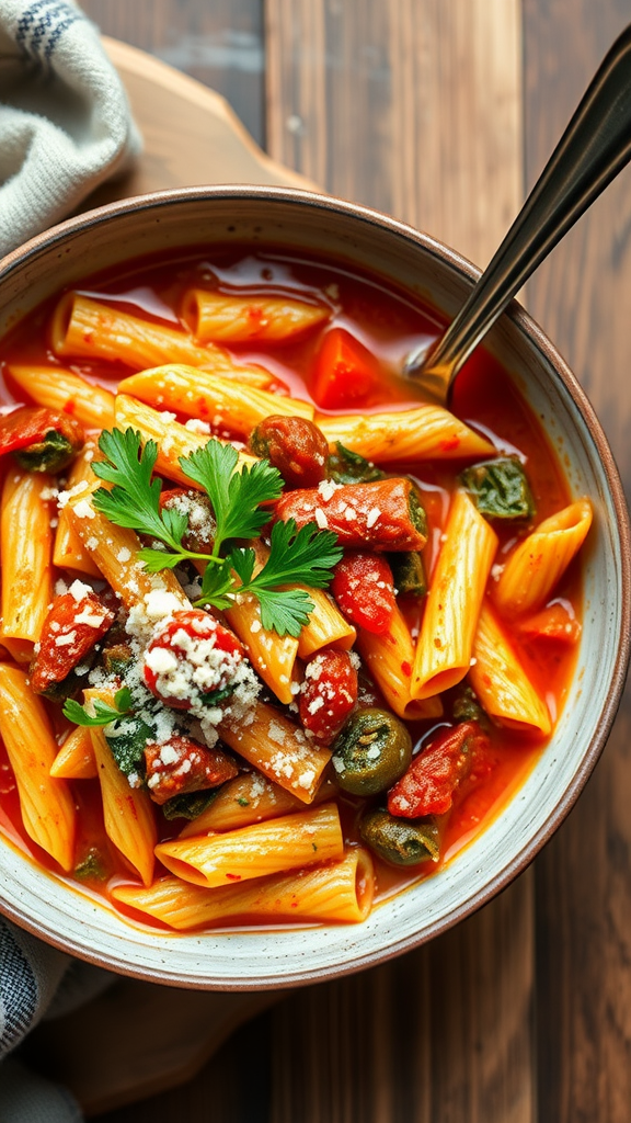 A bowl of Pasta e Fagioli with pasta, beans, and herbs garnished on top.