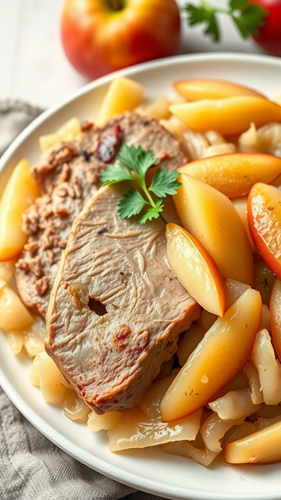 A plate of pork with sauerkraut and sliced apples, garnished with parsley.