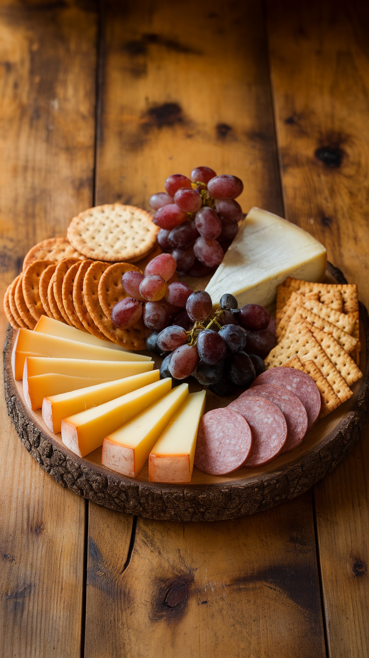 A beautifully arranged sausage and cheese platter with crackers, fruits, and rustic decor.