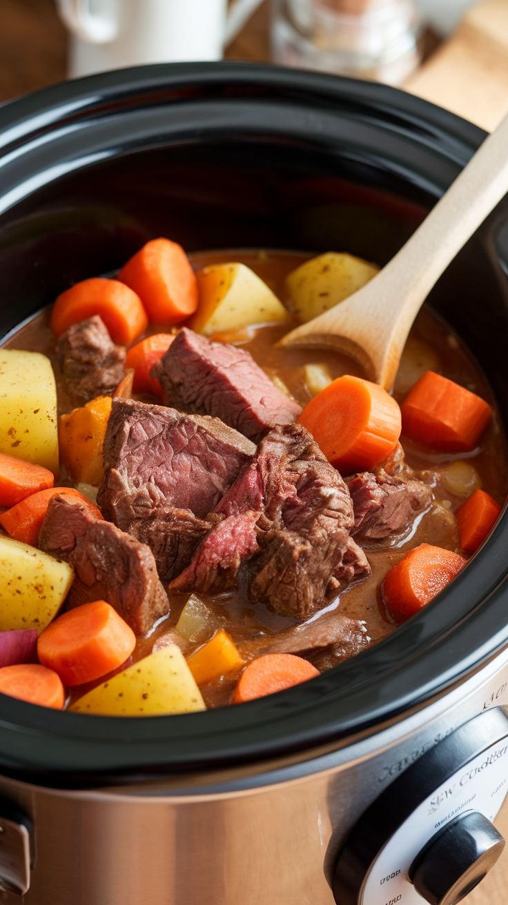 A close-up of a beef stew with chunks of beef, carrots, and potatoes in a slow cooker.