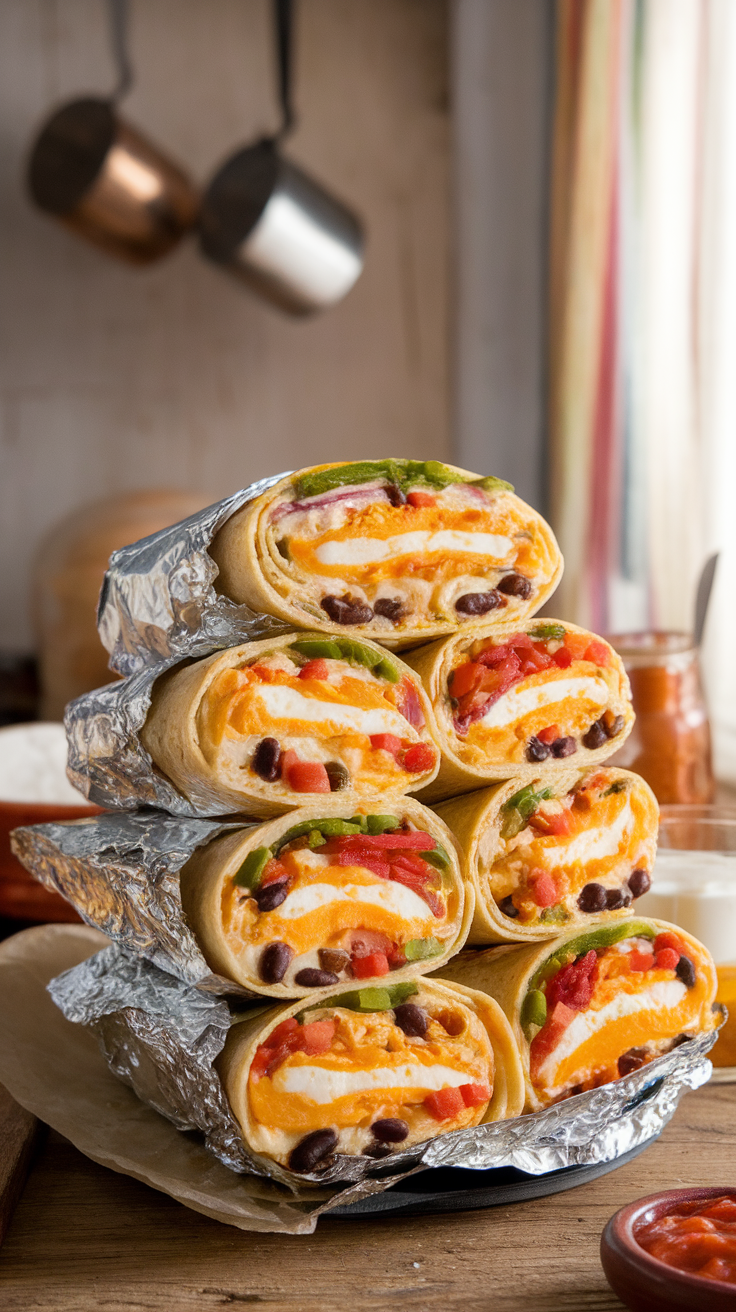 A stack of colorful breakfast burritos wrapped in foil, showcasing layers of egg, cheese, black beans, and vegetables.