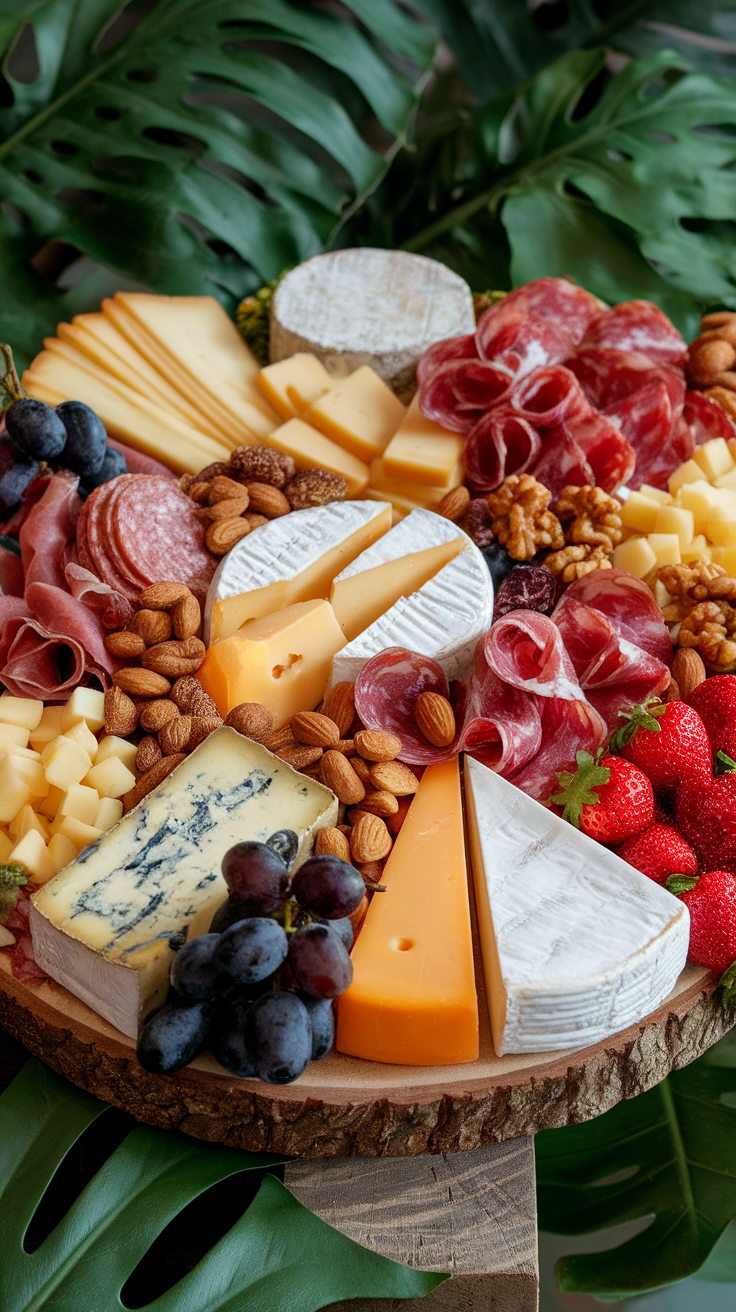 A beautifully arranged cheese and charcuterie board featuring assorted cheeses, meats, fruits, and nuts.