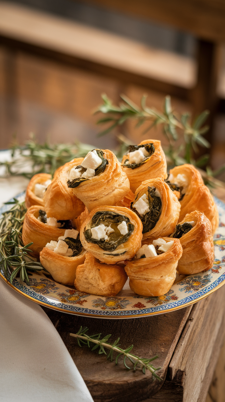 Plate of savory spinach and feta puff pastry bites on a wooden surface