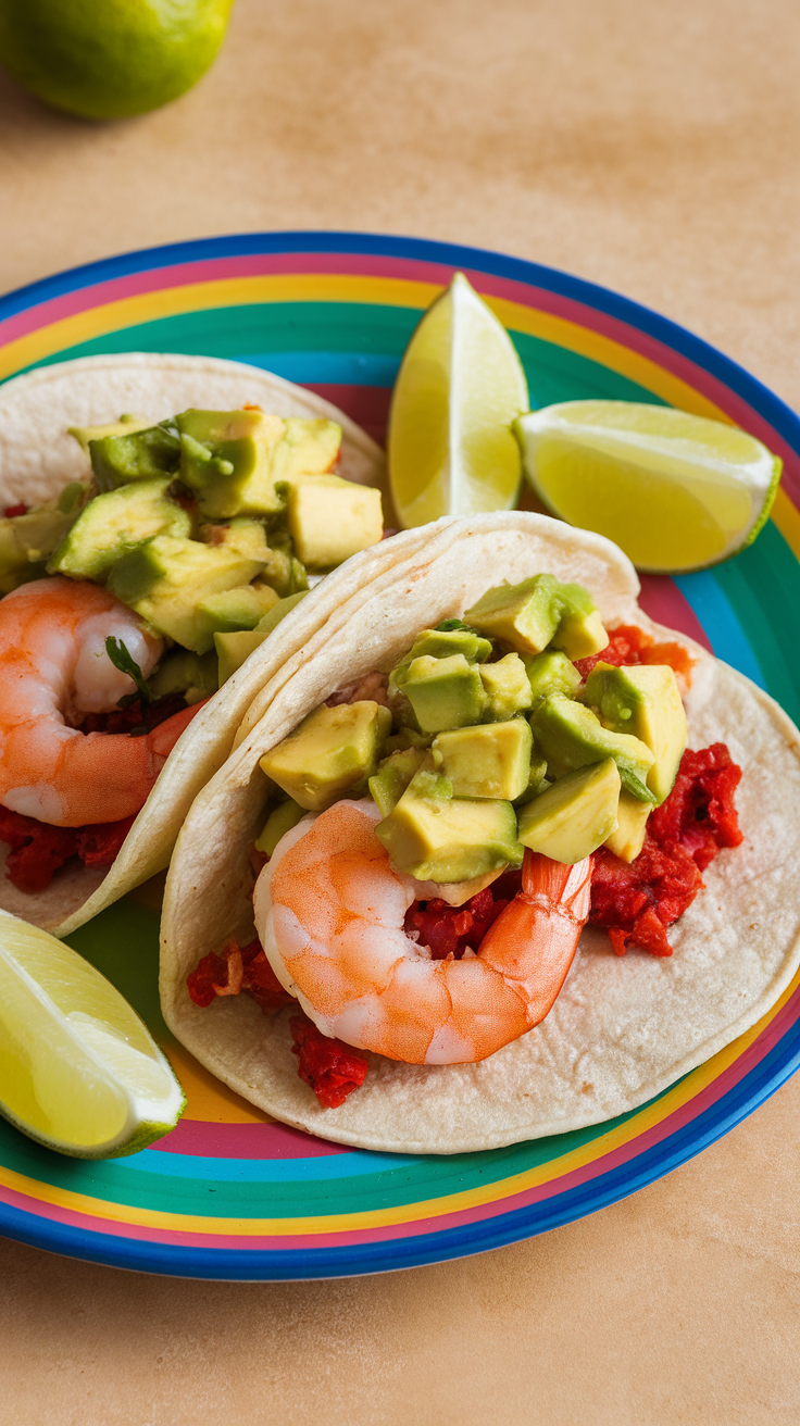 Shrimp tacos with avocado salsa on a colorful plate with lime wedges