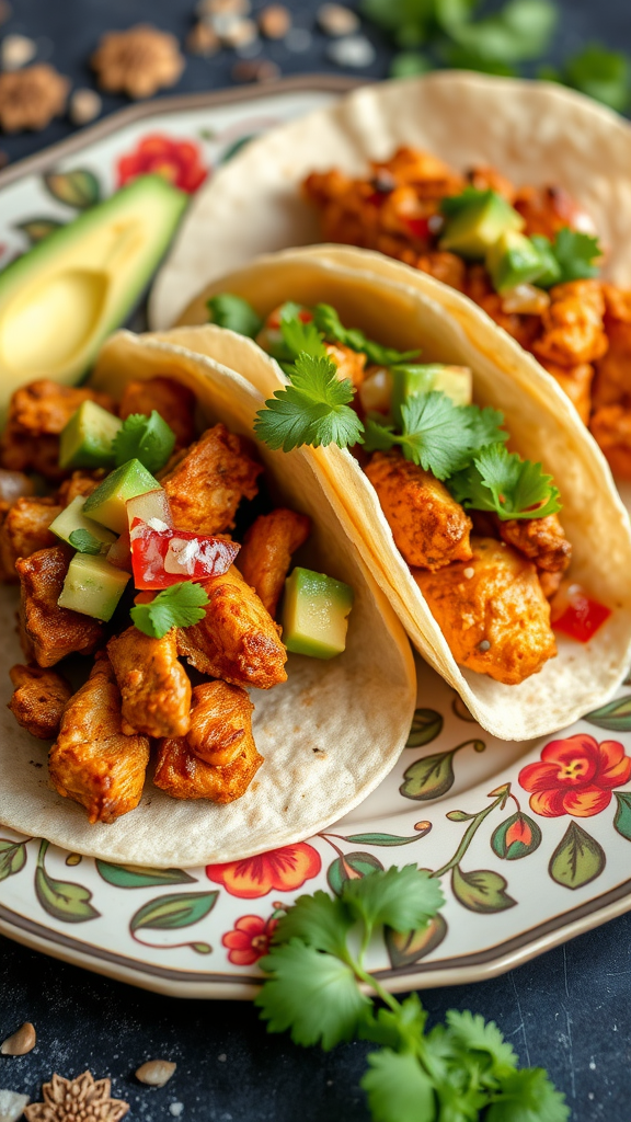 Three spicy chicken tacos topped with avocado salsa, served on a decorative plate with lime wedges.