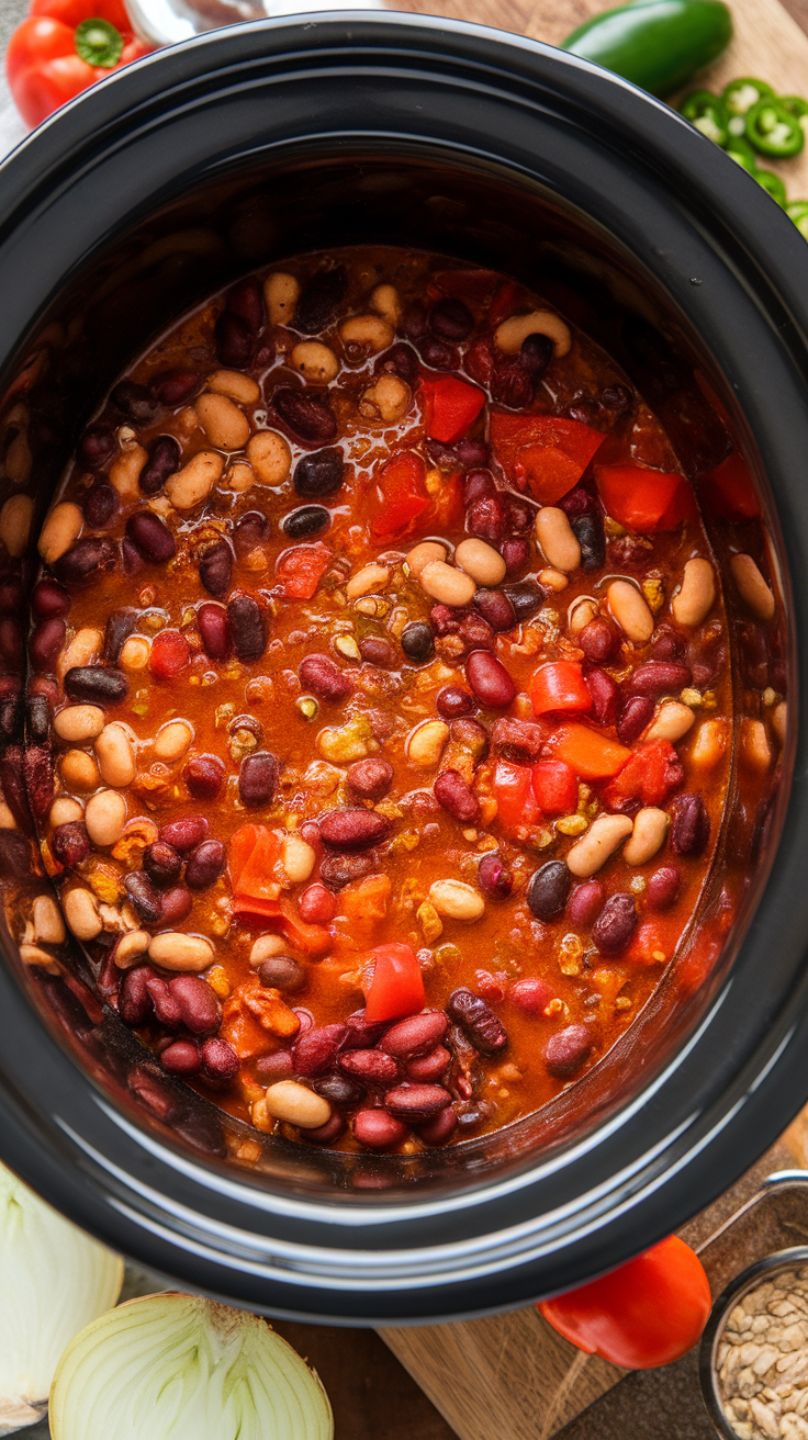 A close-up view of spicy vegetarian chili with various beans and vegetables in a black slow cooker.