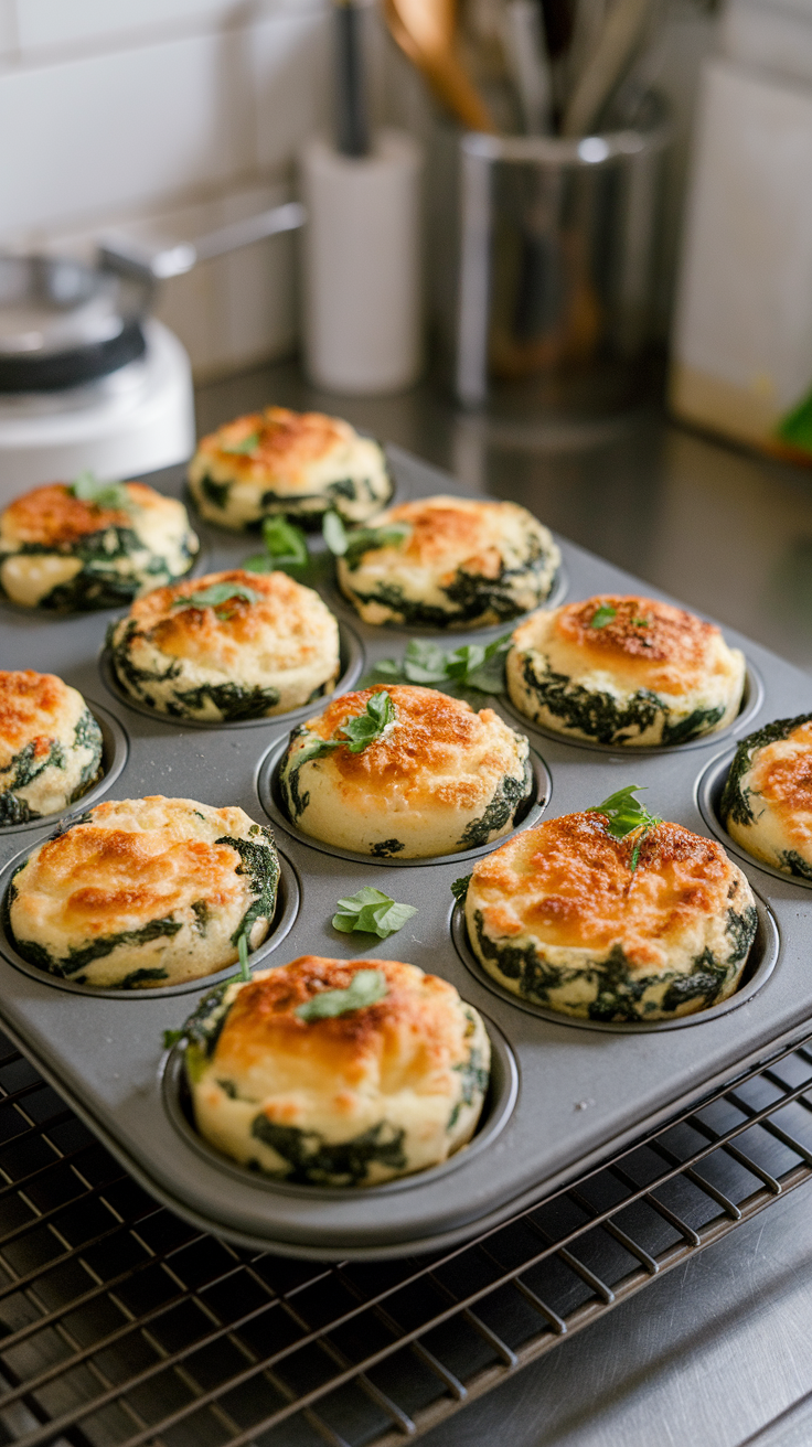 A tray of freshly baked spinach and feta egg muffins with a golden top.