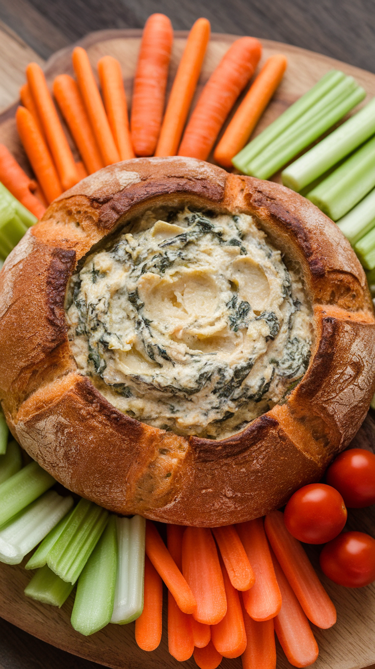 A bread bowl filled with spinach artichoke dip, surrounded by fresh celery, carrots, and cherry tomatoes.