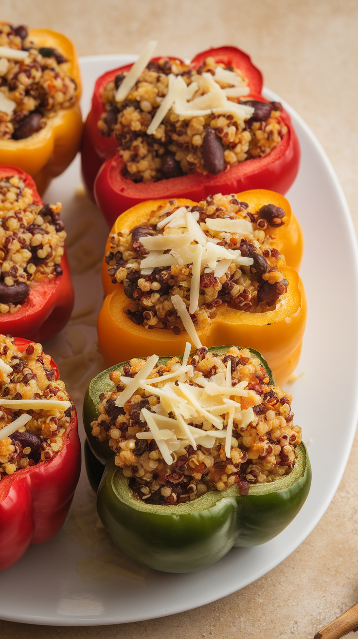 Colorful stuffed bell peppers filled with quinoa and topped with shredded cheese