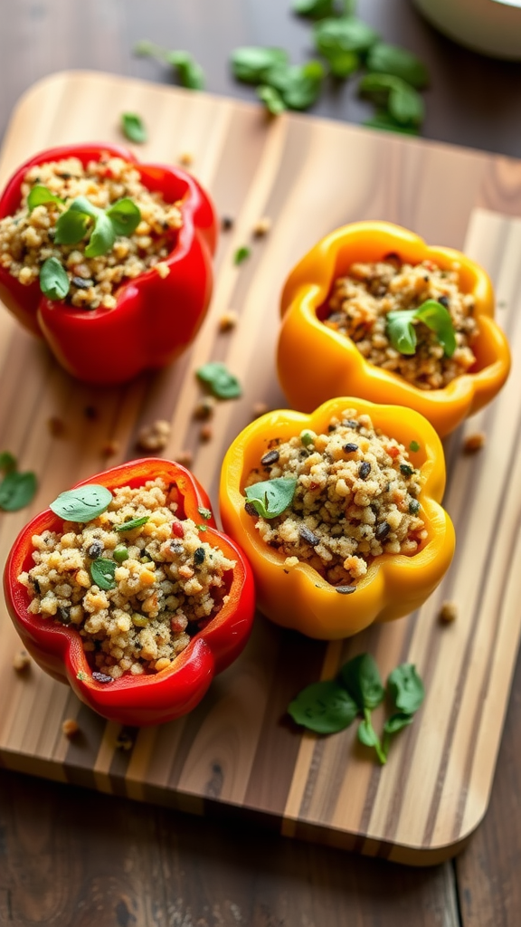 Colorful stuffed bell peppers filled with quinoa and herbs on a wooden board.