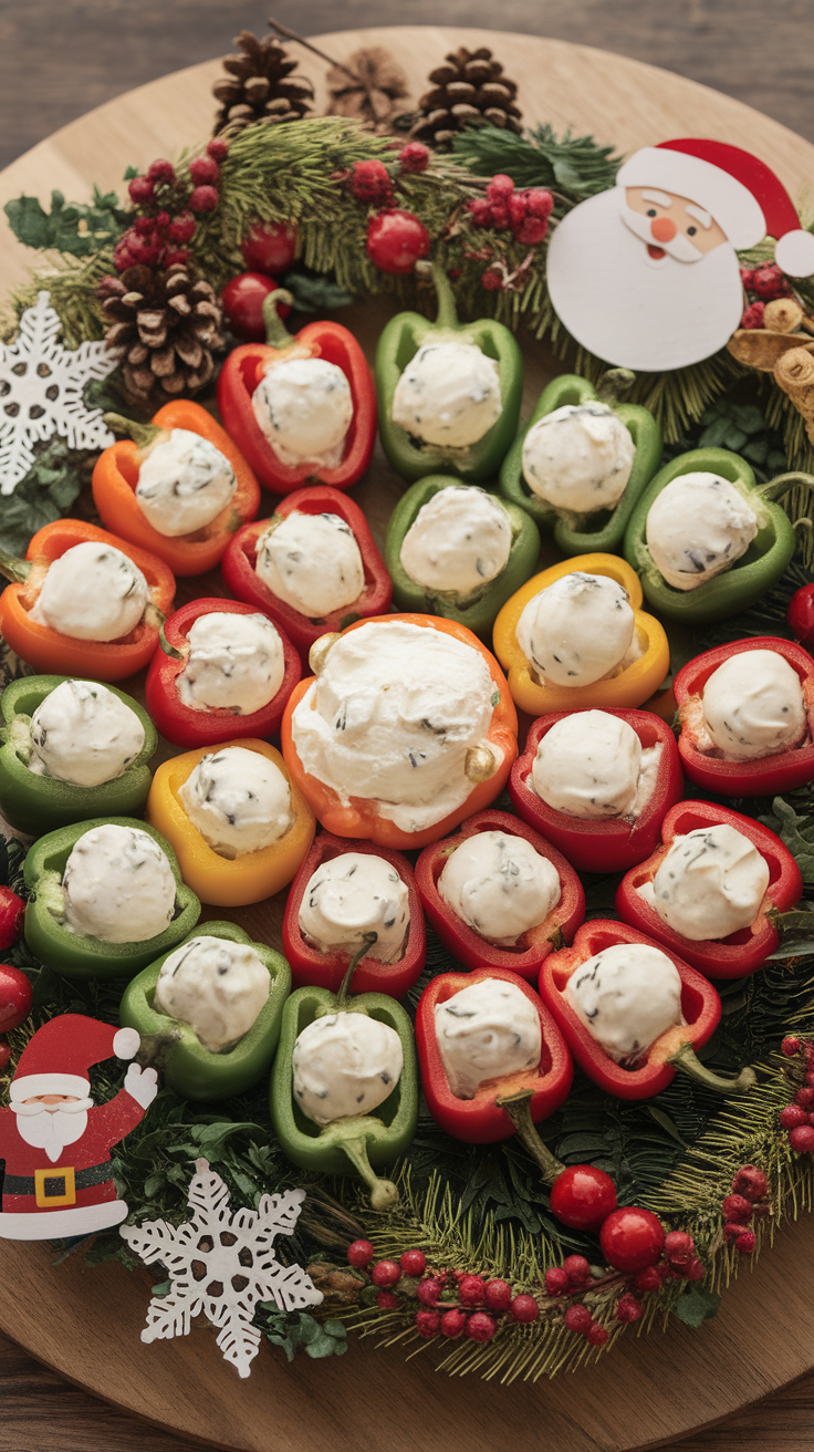 A colorful platter of stuffed mini peppers filled with cream cheese, surrounded by festive decorations.