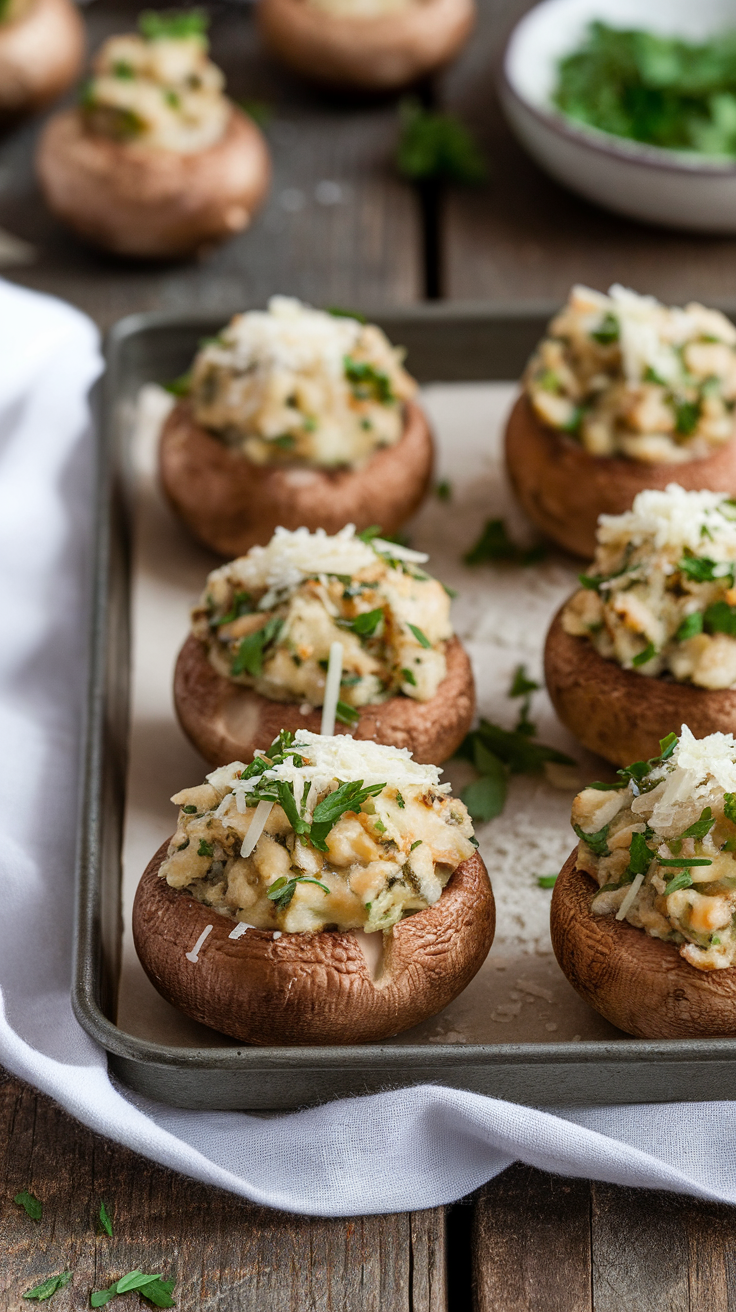 Plate of stuffed mushrooms topped with herbs and cheese.