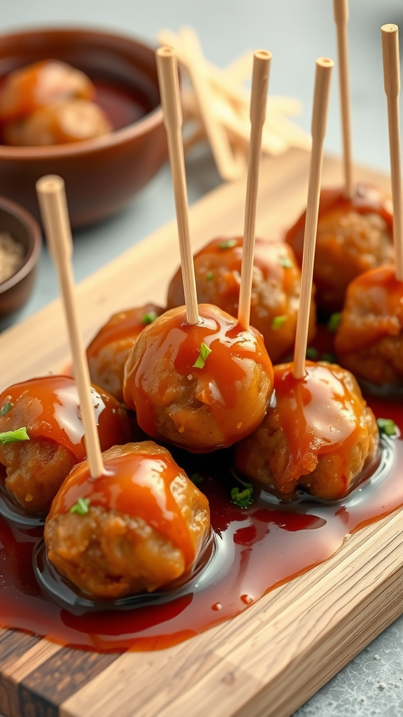 A close-up of sweet and sour meatballs drizzled with sauce on a wooden platter.