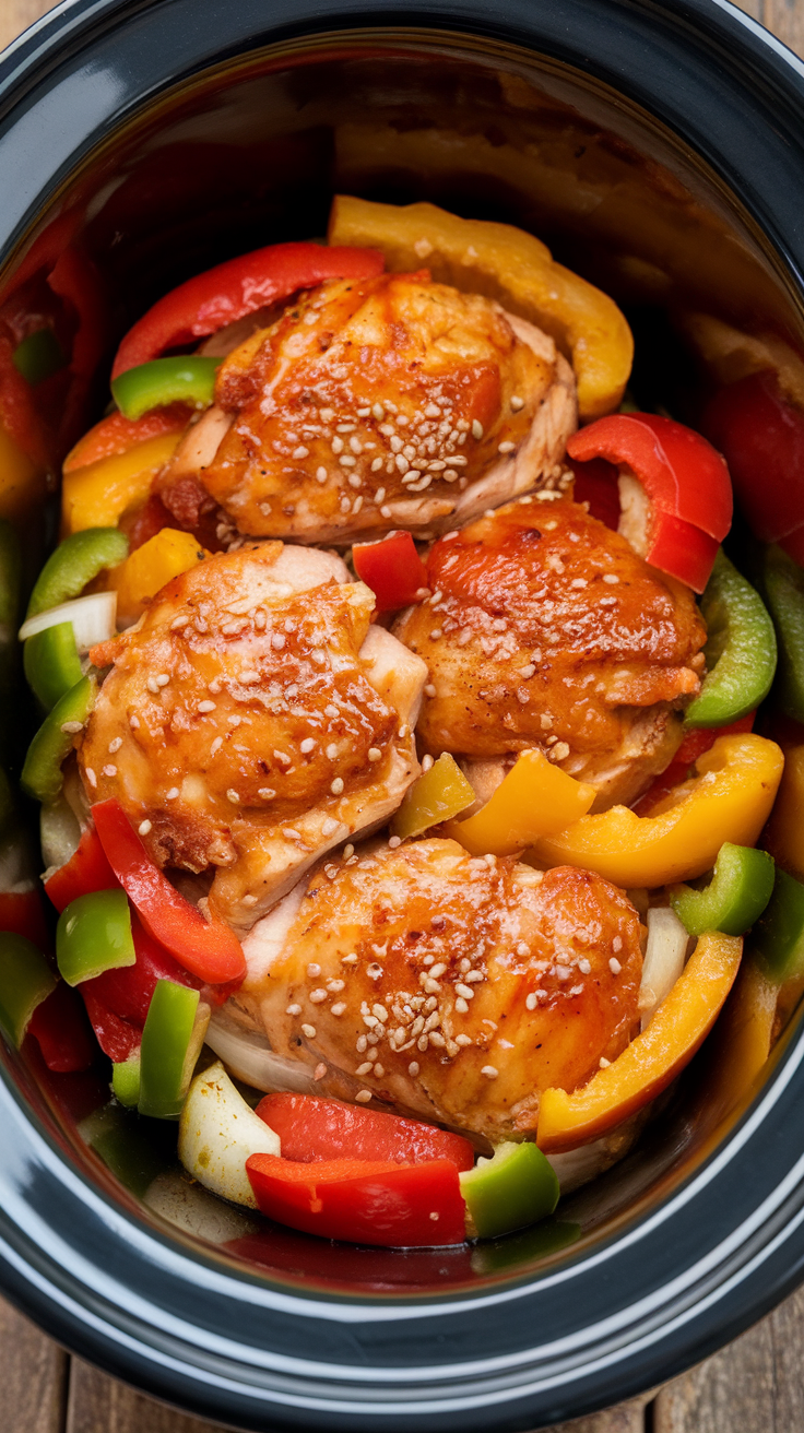 A close-up of sweet and sour pineapple chicken with colorful bell peppers in a slow cooker.