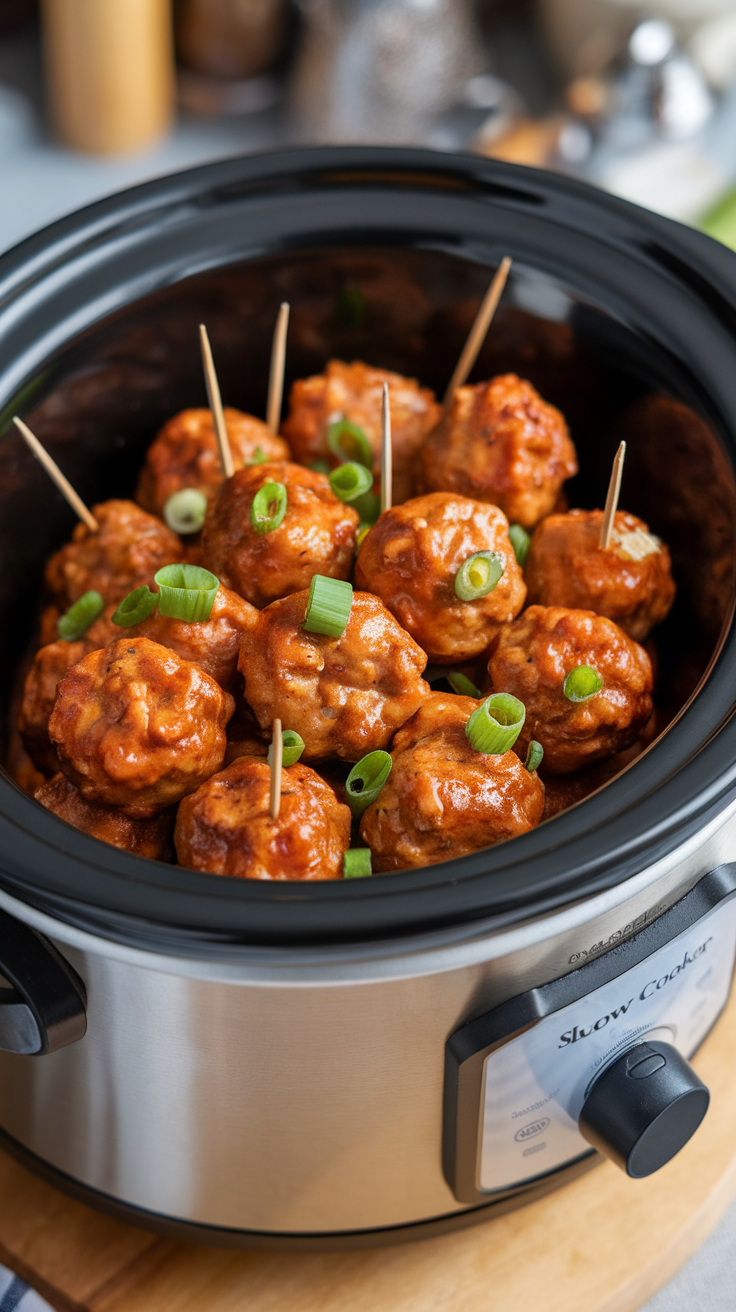 A close-up of sweet and spicy meatballs in a slow cooker, topped with green onions.