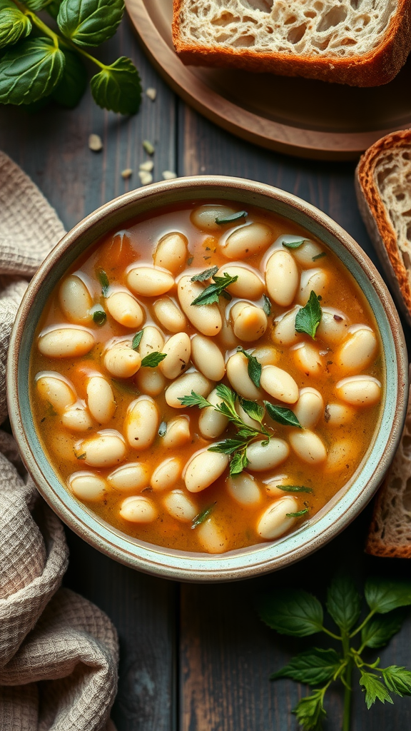 A bowl of Tuscan white bean stew with parsley and slices of bread on the side.