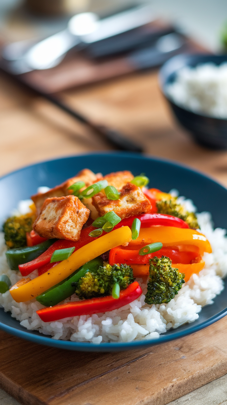 A vibrant vegetable stir-fry featuring tofu, bell peppers, and broccoli on a bed of rice.