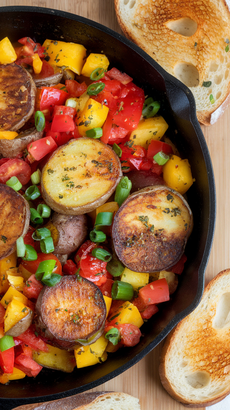 A hearty breakfast hash with vegetables and potatoes in a skillet, served with toasted bread on the side.