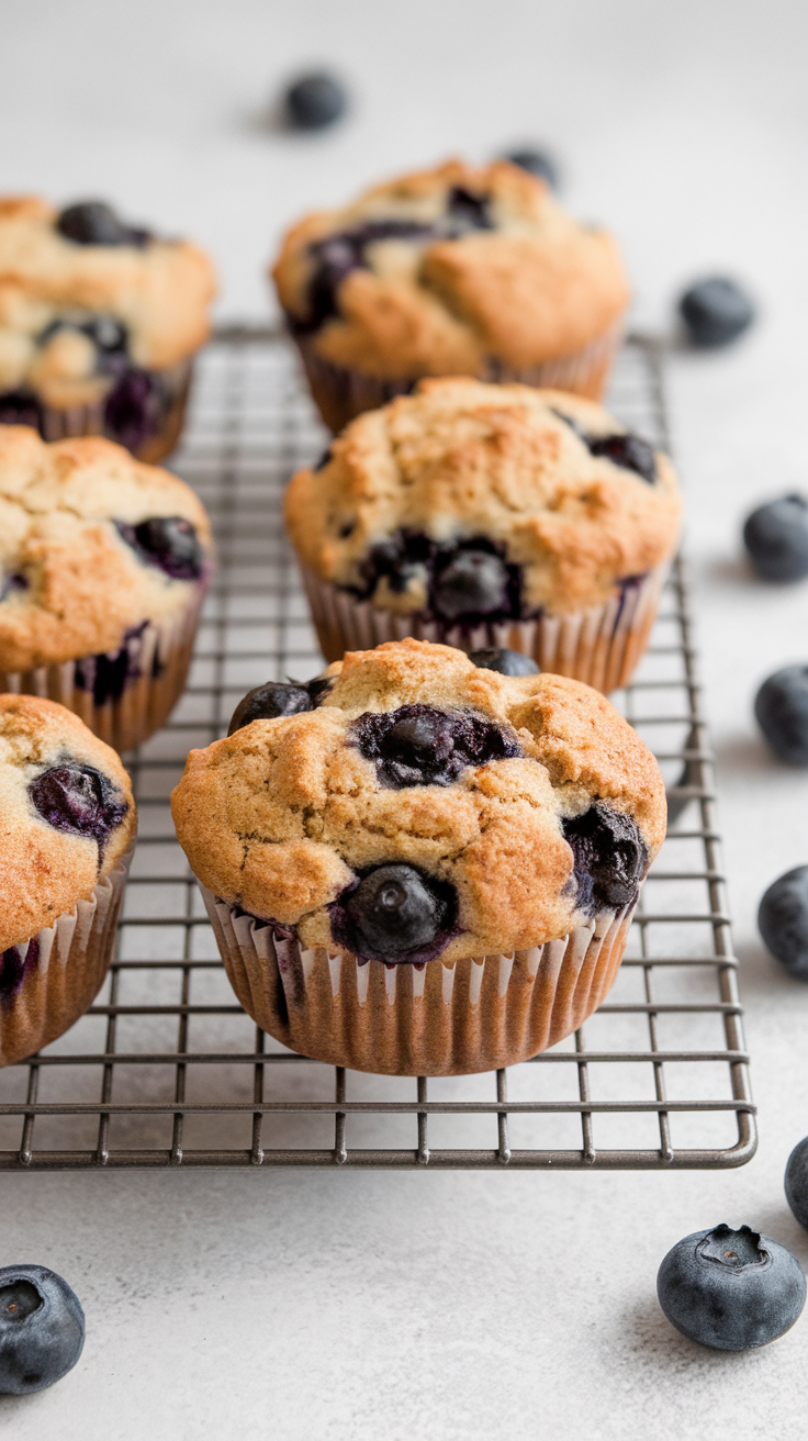 Freshly baked whole wheat blueberry muffins on a cooling rack