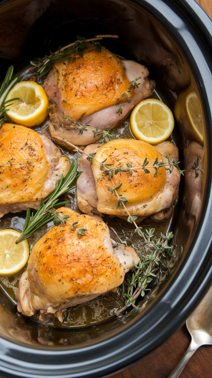 Delicious lemon garlic chicken thighs in a slow cooker with herbs and lemon slices.