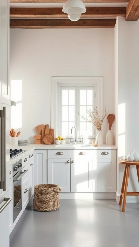 A minimalist kitchen with white cabinets, wooden accents, and natural decor elements