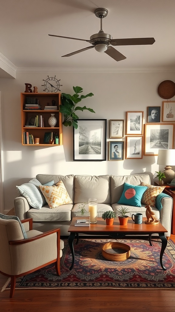 Cozy living room with soft furnishings, colorful cushions, wall art, potted plants, and warm lighting.