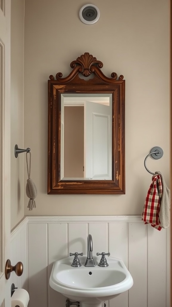 A rustic bathroom featuring an antique mirror with an ornate wooden frame above a simple sink.