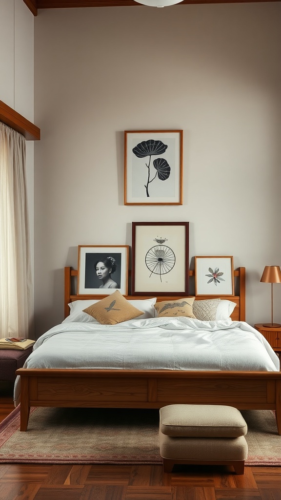 A cozy Japandi bedroom featuring a wooden bed, soft bedding, and artful displays on the wall.