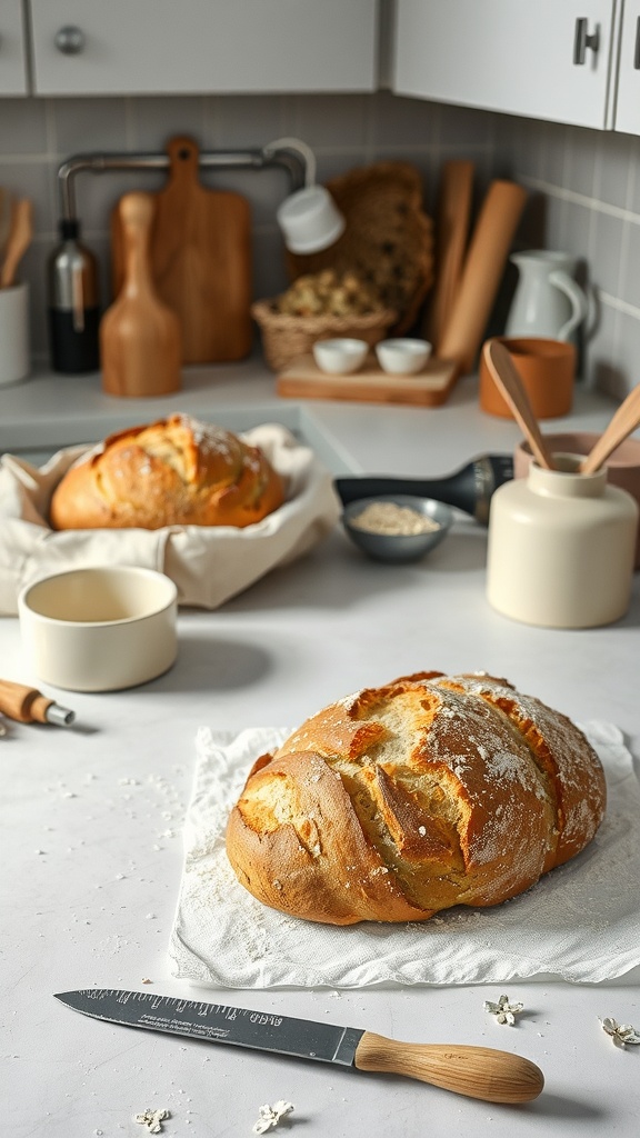 Cozy kitchen with artisan bread on a towel, wooden utensils, and natural decor.