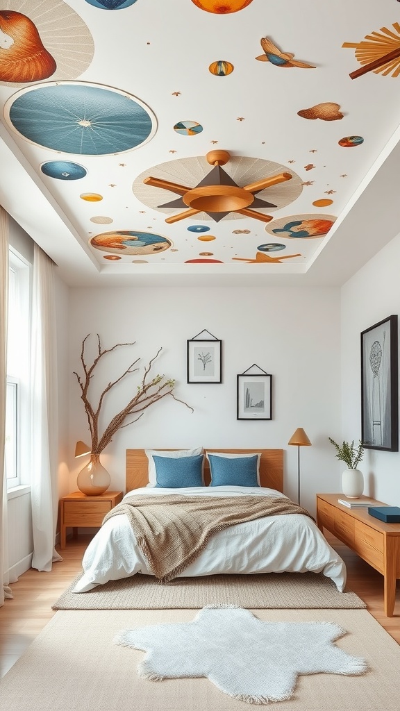 Cozy bedroom with artistic ceiling decor featuring colorful patterns.