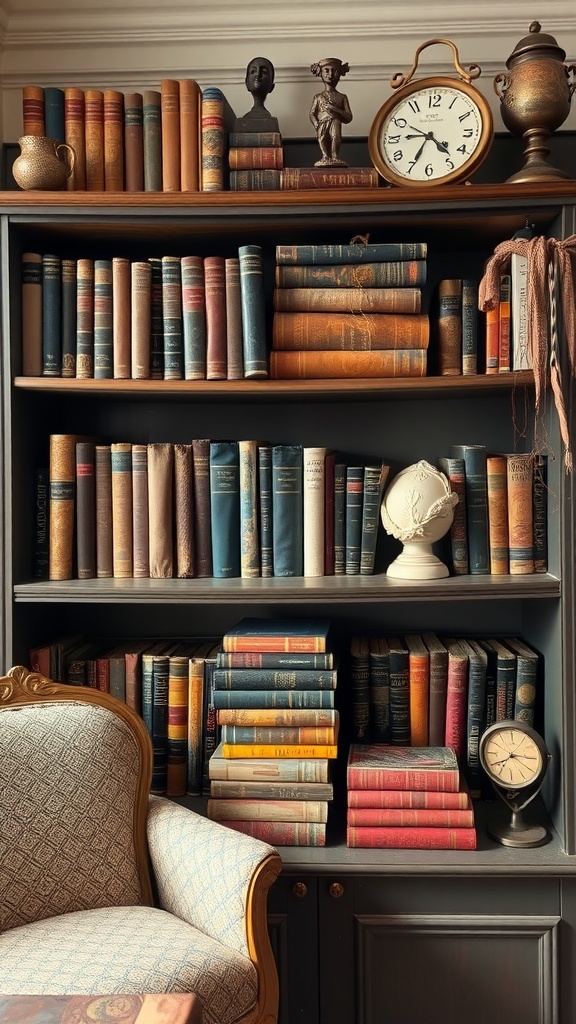 A vintage bookshelf displaying various books, decorative items, and a cozy chair.