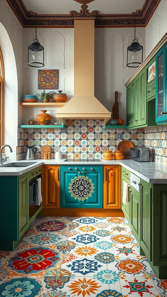 A vibrant kitchen with hand-painted tiles on the floor and backsplash, featuring green and turquoise cabinets.