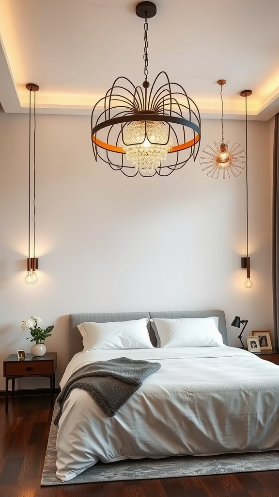 A modern luxury bedroom featuring artistic lighting fixtures, including a unique chandelier and stylish wall sconces.