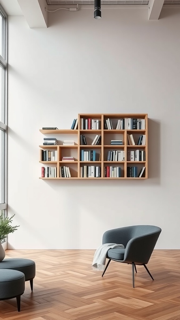 Modern floating bookshelf with books and decorative items in a stylish room