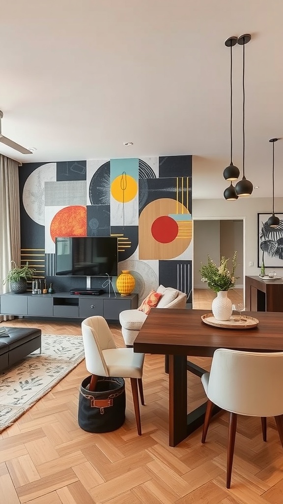 A modern living room and dining room combo featuring an artistic wall with vibrant colors.