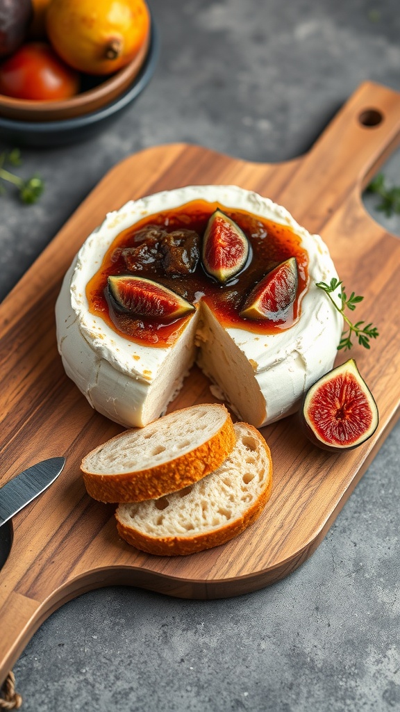 Baked Brie with fig jam on a wooden cutting board with bread slices.