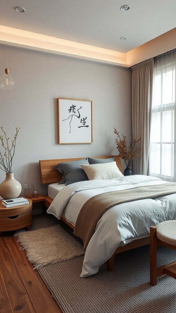 A beautifully designed Japandi bedroom featuring a wooden bed, soft bedding, and a cozy atmosphere.