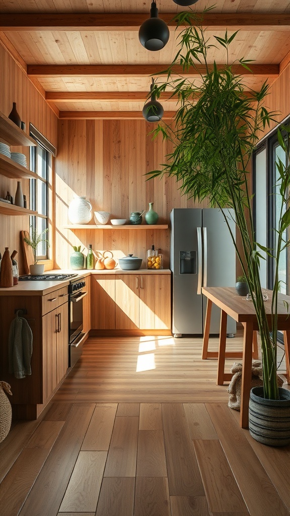 Modern kitchen with bamboo flooring and natural wood accents