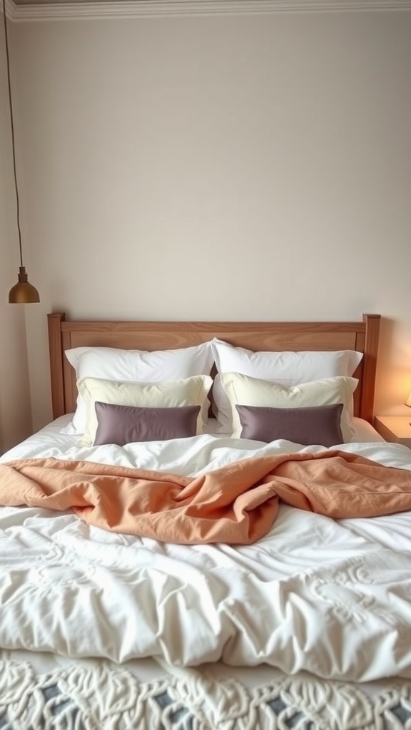 Cozy bedding set with warm colors and soft pillows on a wooden bed