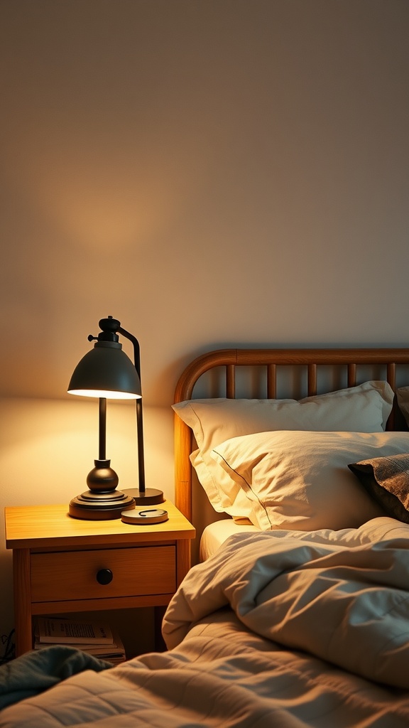 A cozy bedside setup featuring a wooden nightstand, a black reading lamp, and a neatly made bed