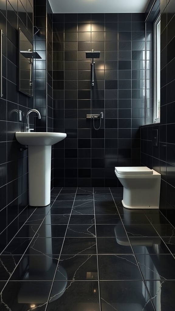 Modern bathroom with black tiles on the floor and walls, featuring a white sink and toilet.