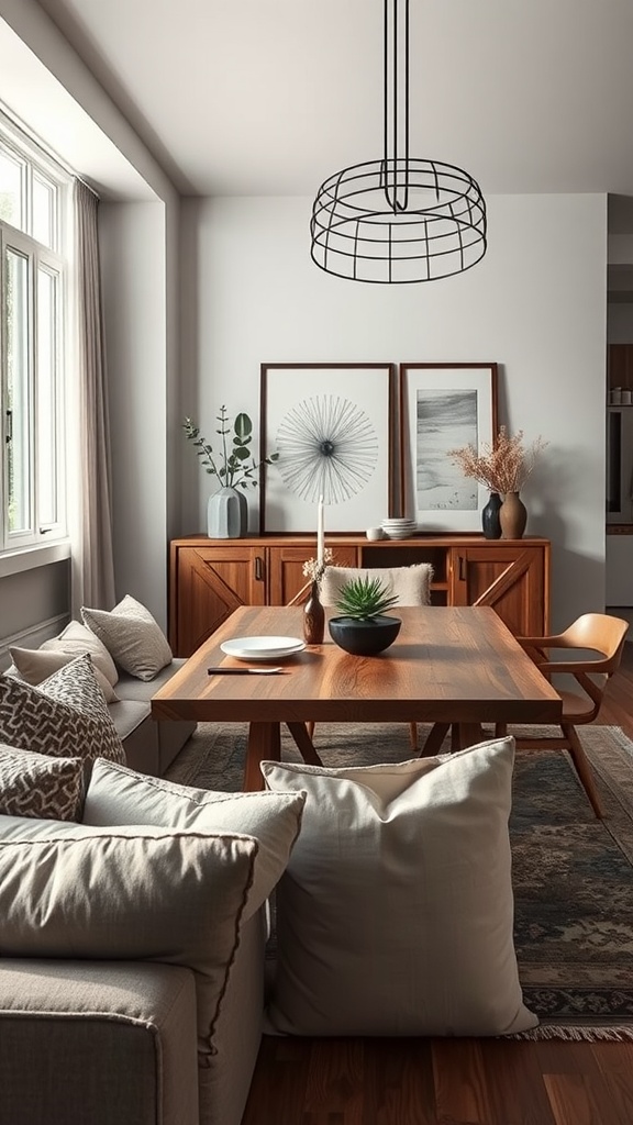 Cozy living room dining room combo with wooden table, plush cushions, and decorative accents.