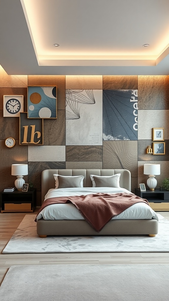 A modern luxury bedroom with a textured accent wall featuring artwork and a cozy bed.