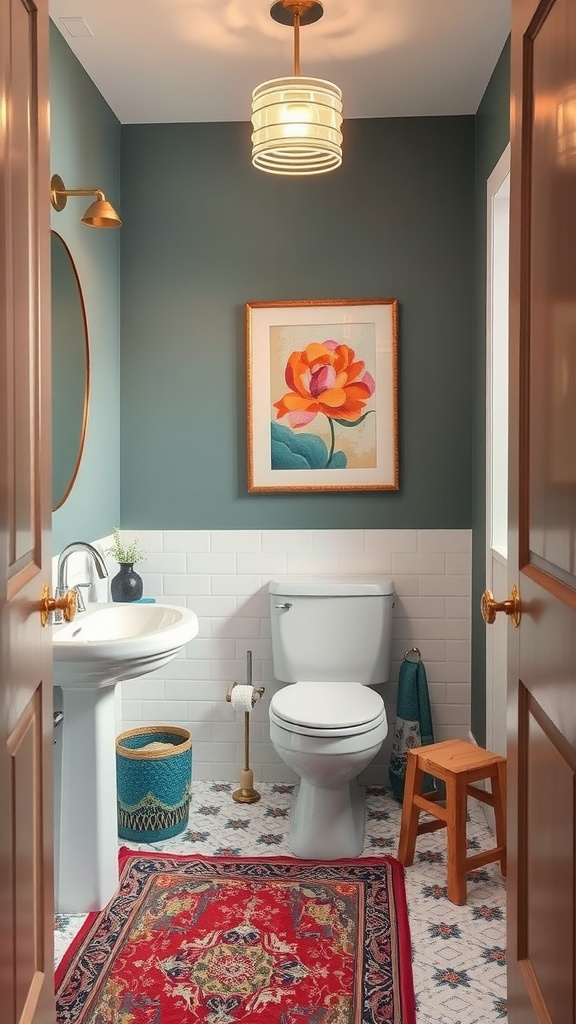 A small bathroom featuring teal walls, floral artwork, a patterned rug, and stylish fixtures.