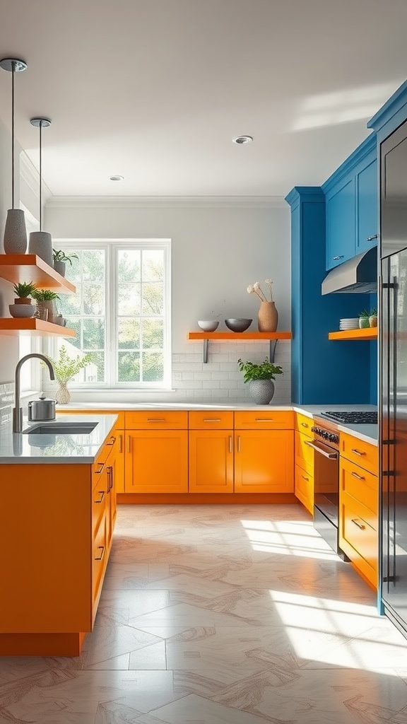 A modern kitchen with bright orange cabinets and a blue accent wall, showcasing a vibrant and inviting design.