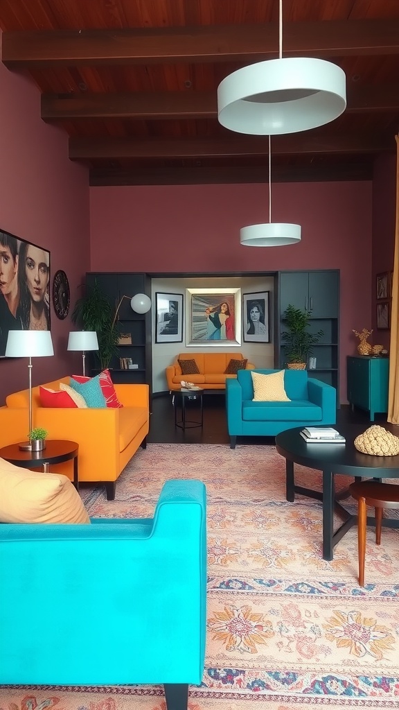 A modern living room and dining area with bold colored furniture, featuring blue and orange sofas, pink walls, and stylish decor.