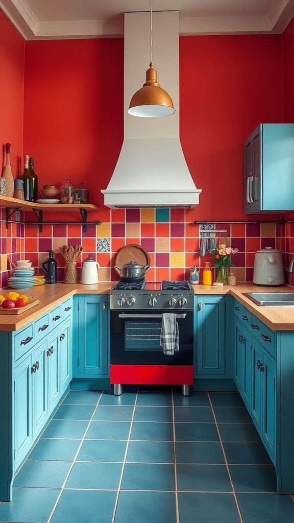 Vibrant kitchen with bold color blocks featuring red walls and blue cabinetry