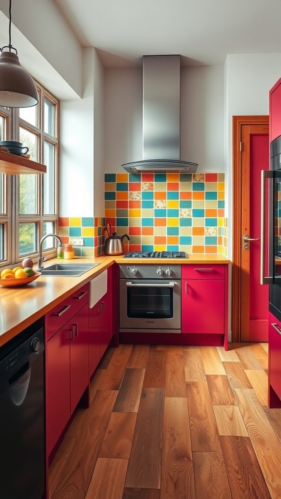 Colorful kitchen with red cabinets, wooden flooring, and a vibrant tiled backsplash.