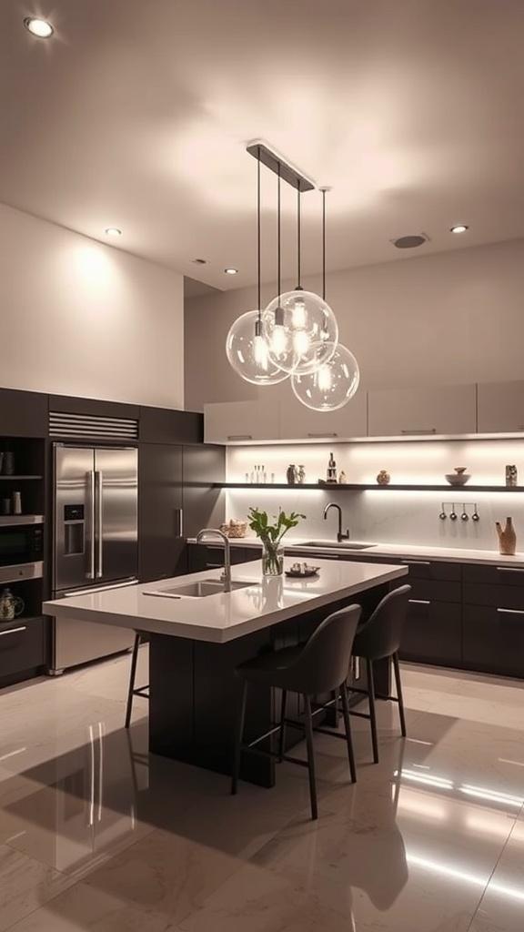 A modern kitchen featuring bold pendant lighting above an island.